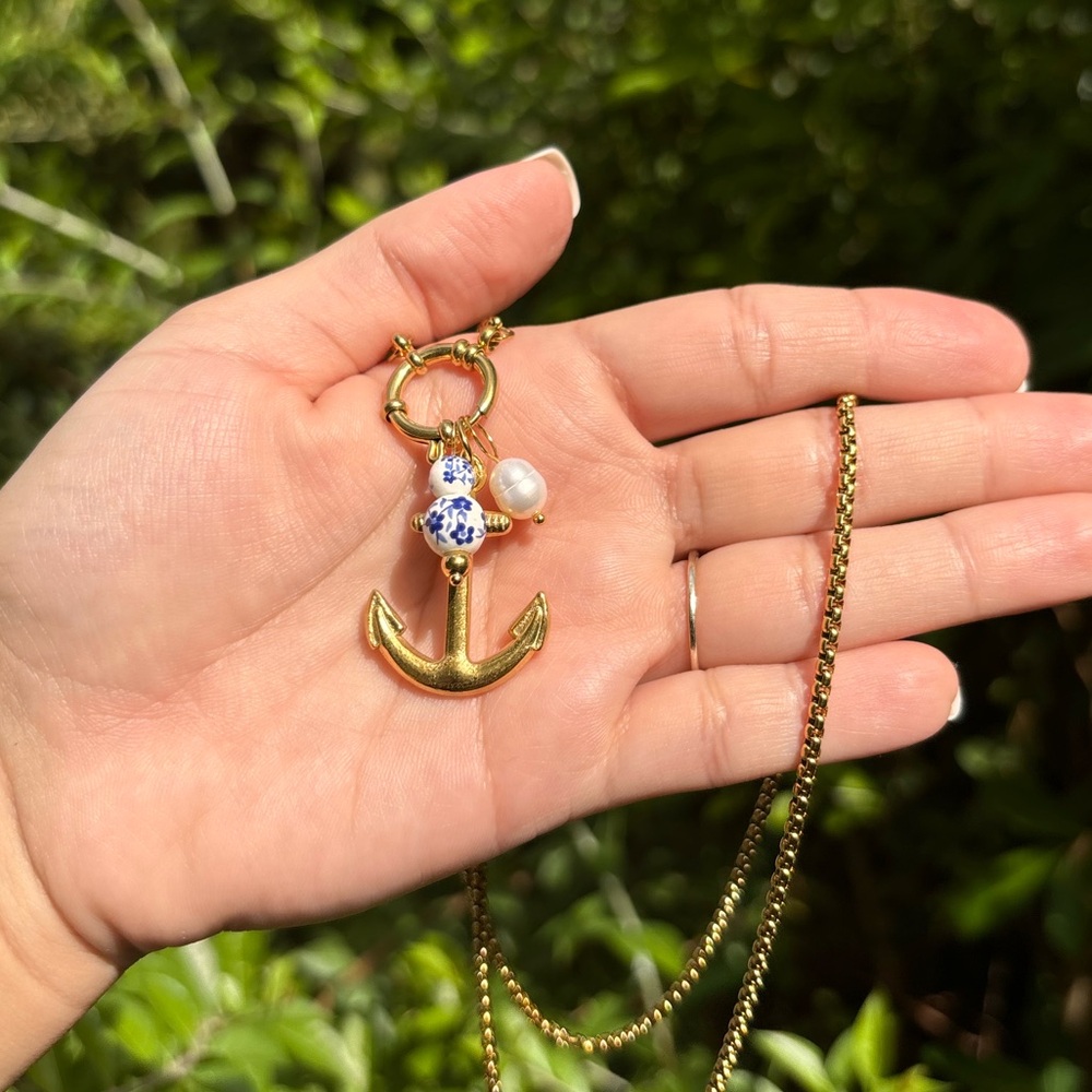 18K Gold Plated Anchor Charm Long Necklace - Picture 1 of 6